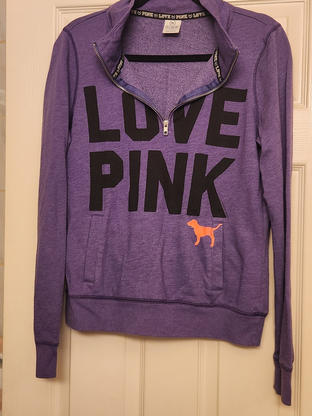 PINK Victoria's Secret Purple 'LOVE PINK' Half-Zip Pullover with Coral Dog Logo